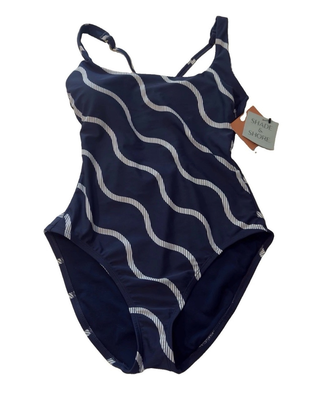 New M Shade & Shore Blue Striped One Piece Swimsuit Cross Back Full Coverage M - Picture 3 of 6